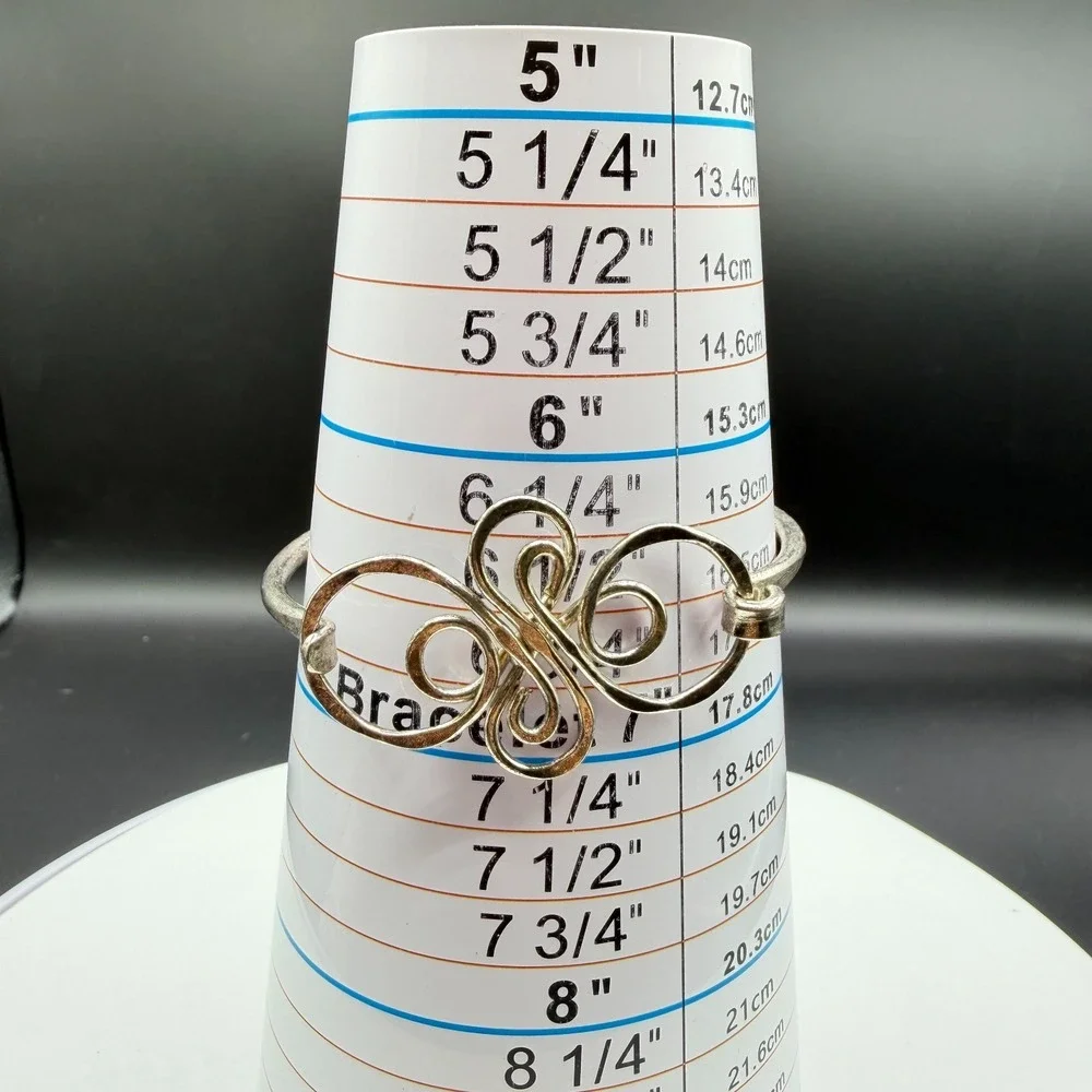 Silver Tone Scrollwork Bangle Bracelet Ornate Wirework Swirl Boho Statement Gift